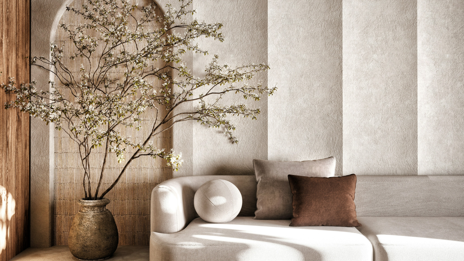 Luxury minimalist living room interior with natural materials and warm neutral palette - Amé Studio Dubai